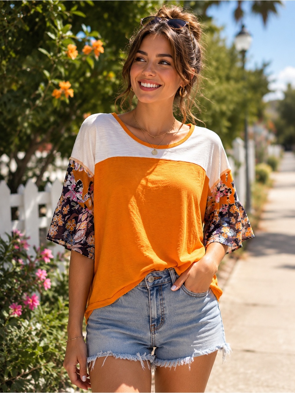 Umgee Orange and White Short Sleeve Floral Sleeve Tee